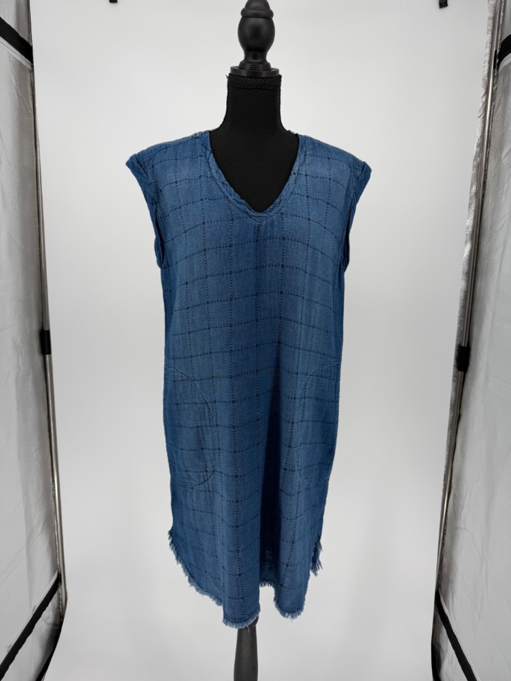 Cloth & Stone Anthropologie Cotton Indigo Sashiko Stitch Frayed Shift Dress S